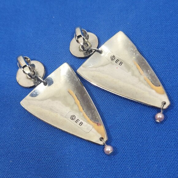 Edgar Berebi Art Deco Style Green Enamel & Silver Tone Earrings Clip-On Vtg 80's - Picture 2 of 3